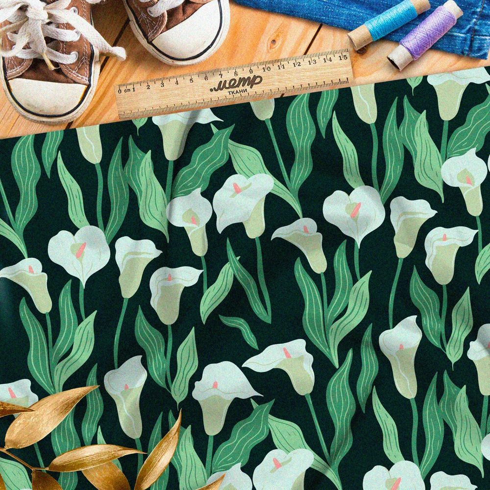 Ткань оксфорд 210 нежные плотные каллы на чёрном фоне