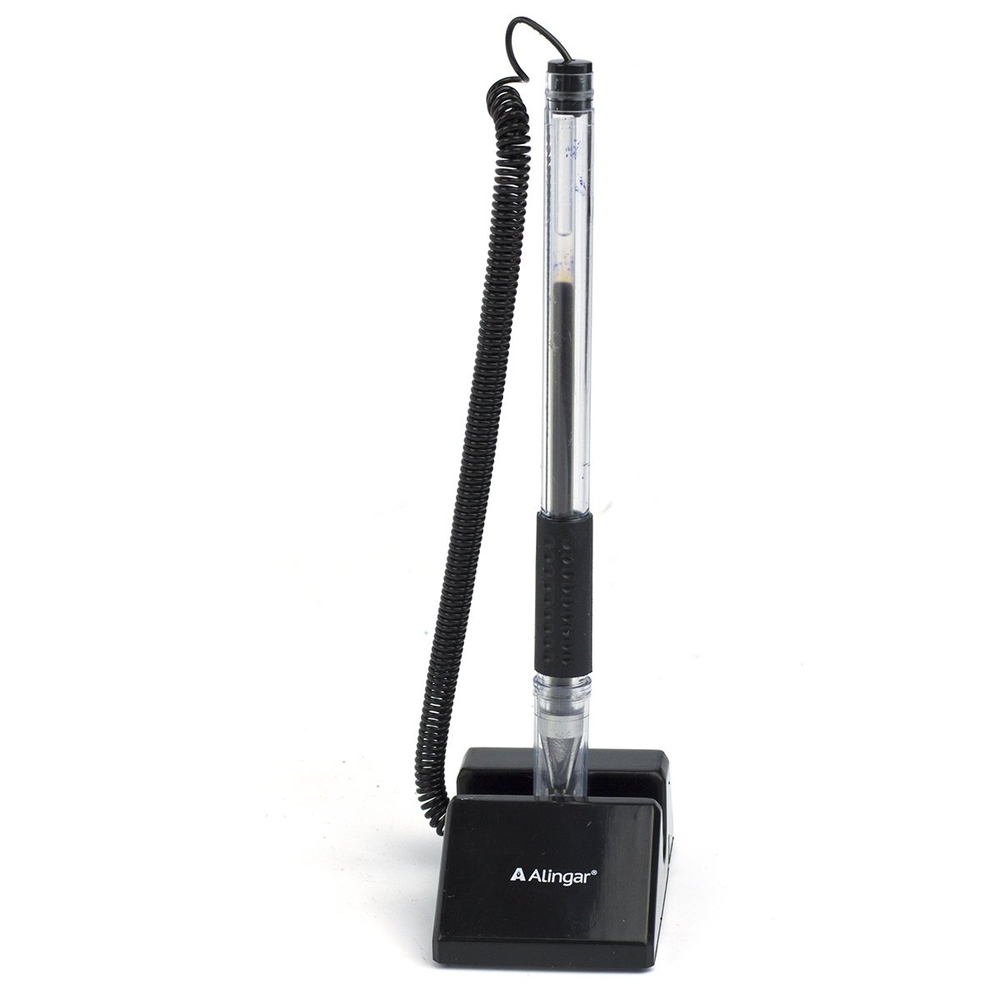 Ручка шариковая Alingar, 0,7 мм, черная, металлизированный наконечник, резиновый грип, самоклеющаяся подстставка с пластиковым шнуром, европодвес