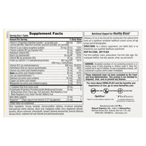 NaturesPlus, Hema-Plex®, железо с незаменимыми питательными веществами для здоровых эритроцитов, 10 таблеток с медленным высвобождением