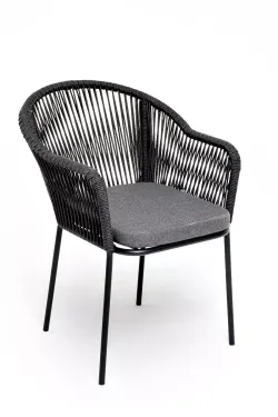 "Лион" стул плетеный из роупа, каркас алюминий темно-серый (RAL7024) муар, роуп темно-серый круглый, ткань темно-серая 027
