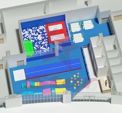 В зоне детской спортивной гимнастики расположены два ряда гимнастических модулей и акробатическая дорожка с матом приземления