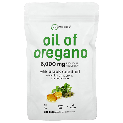 Micro Ingredients, Масло орегано с маслом черного тмина, 300 мягких таблеток