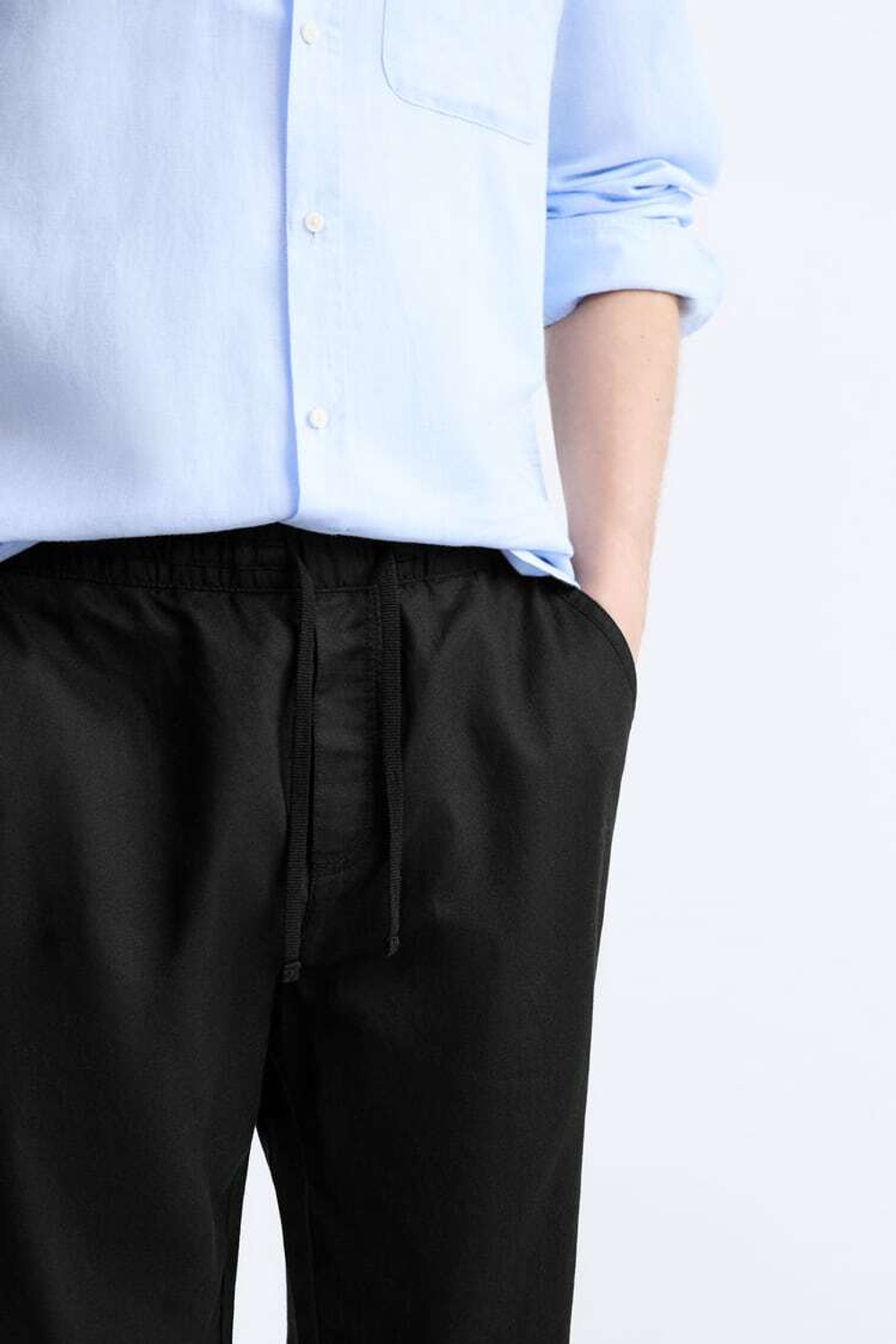 ZARA БРЮКИ ИЗ ХЛОПКА И ЛЬНА, ЧЕРНЫЙ