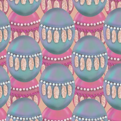 Пасхальные яйца с перьями на бежевом фоне