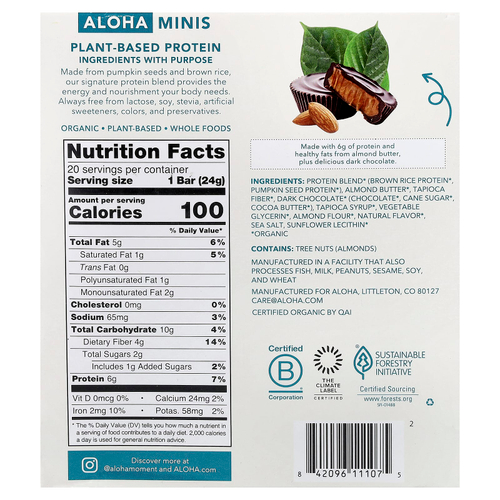 Aloha, Organic Protein Mini Bars, Almond Butter Cup, 20 Bars, 0.85 oz (24 g) Each