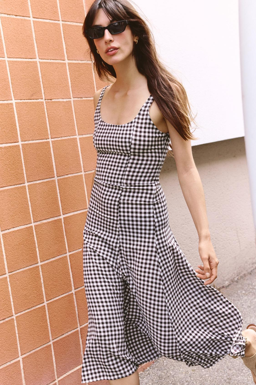 ZARA ПЛАТЬЕ В КЛЕТКУ ВИШИ, КОРИЧНЕВЫЙ