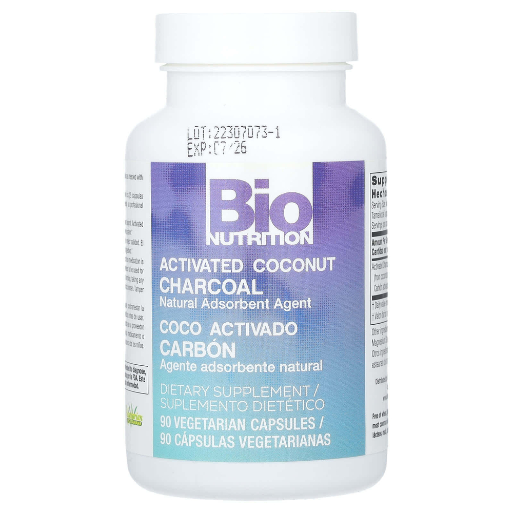 Bio Nutrition, активированный кокосовый уголь, 90 вегетарианских капсул (260 мг в 1 капсуле)