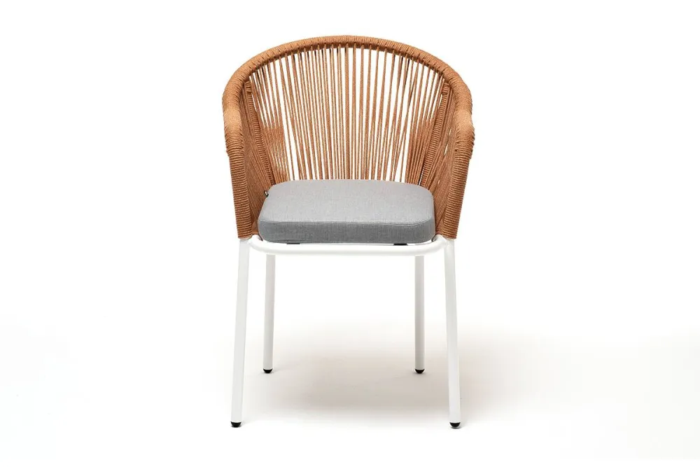 "Лион" стул плетеный из роупа, каркас из стали светло-серый (RAL7035) муар, роуп оранжевый меланж круглый, ткань светло-серая