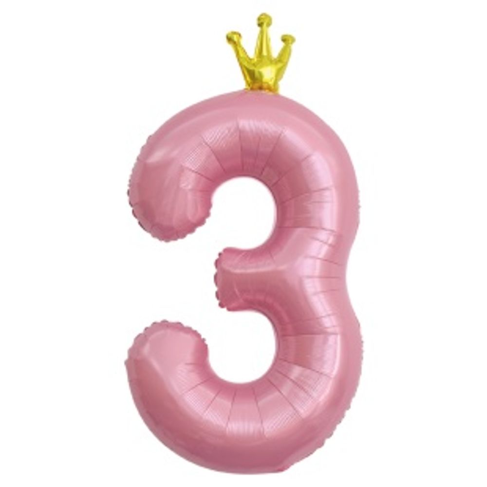 К Шар цифра Розовый "С золотой короной. Цифра 3" 102 см (БГ-60)