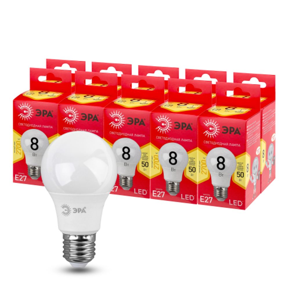Лампа светодиодная ЭРА RED LINE LED A55-8W-827-E27 R 8Вт груша теплый белый свет Е27 | Лампы cветодиодные Груша (A)