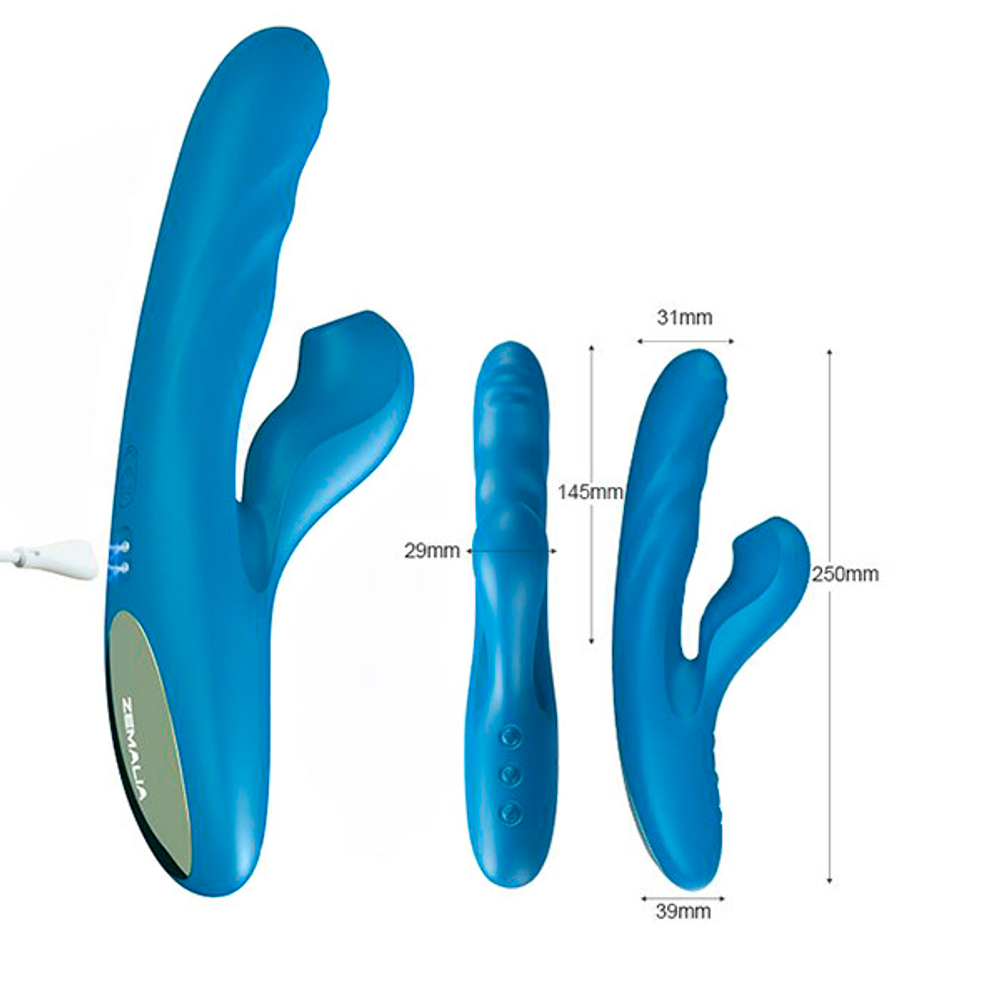 Голубой вибратор-кролик 22,2см с возвратно-поступательными движениями, вакуумом и подогревом BeYourLover Otto Blue Z139