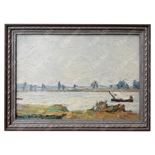 Динес Ю. С. Река в пасмурный день. Этюд. Картон, масло. 1956