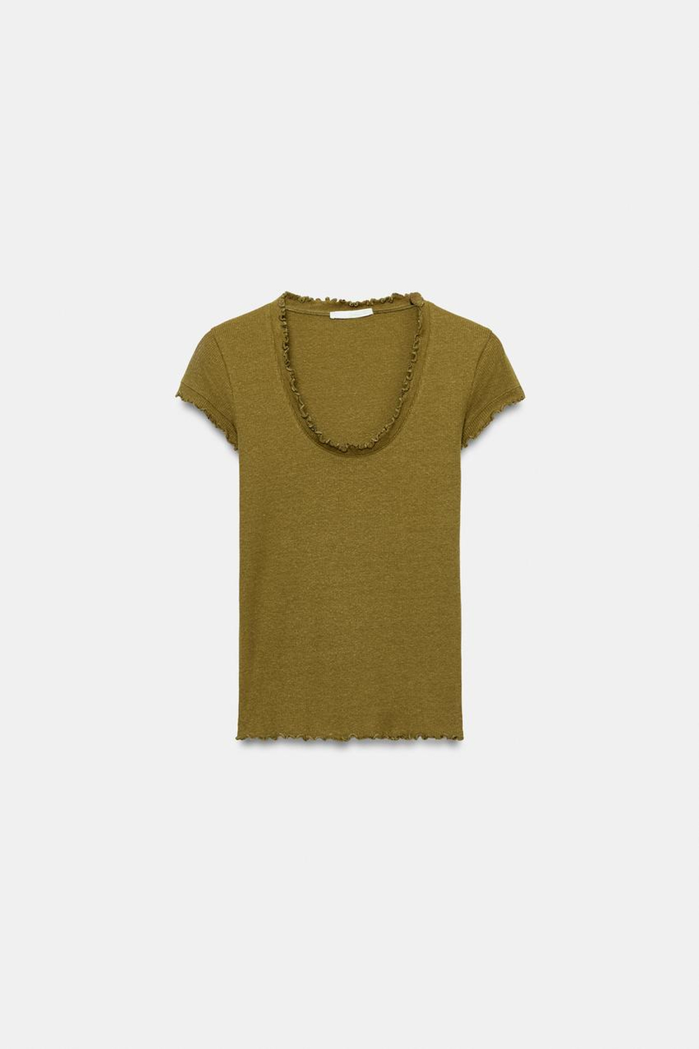 ZARA ФУТБОЛКА ИЗ СМЕСОВОГО ЛЬНА С КОРОТКИМИ РУКАВАМИ, ОЛИВКОВЫЙ