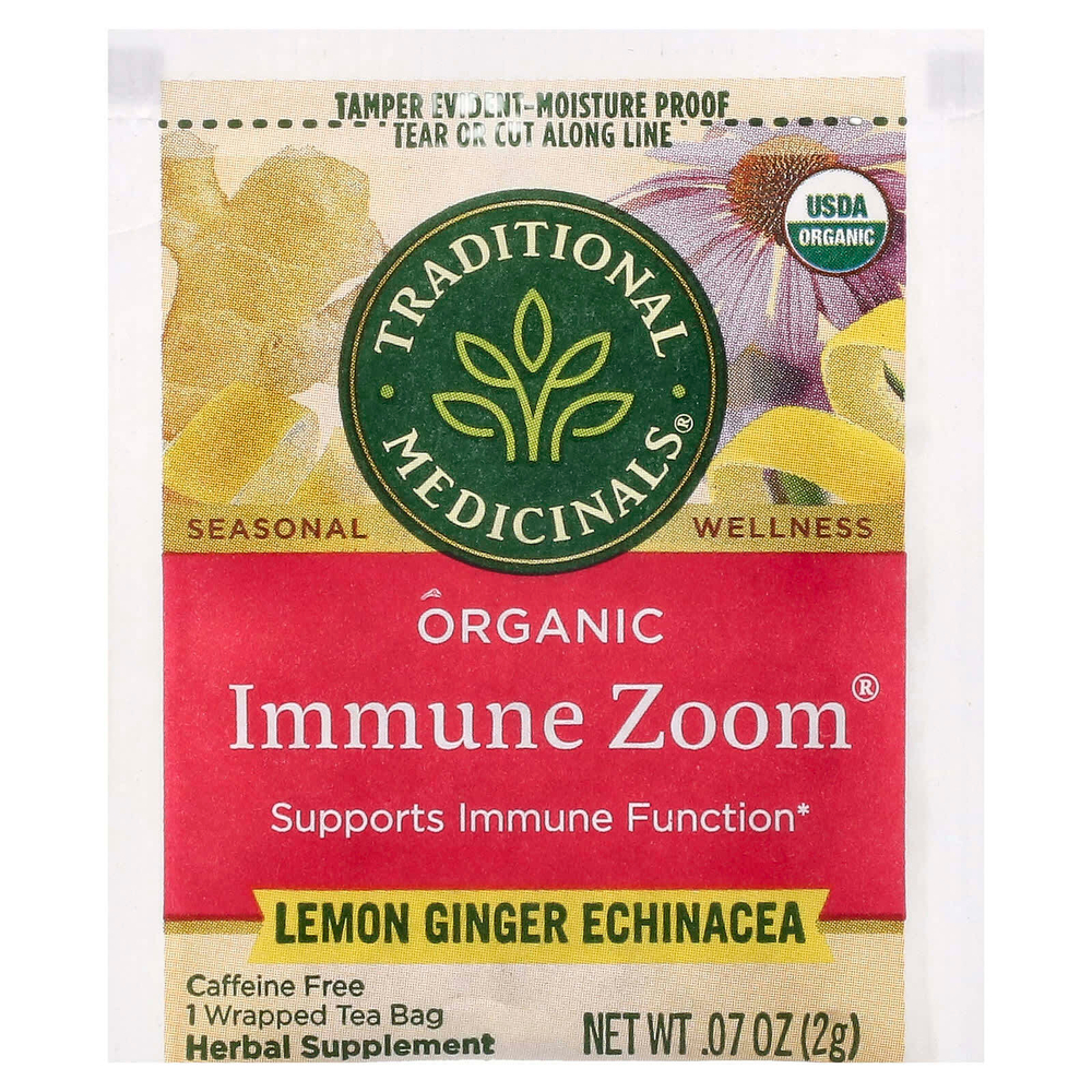 Traditional Medicinals, Organic Immune Zoom®, эхинацея с лимоном и имбирем, без кофеина, 16 чайных пакетиков в упаковке, 32 г (1,13 унции)