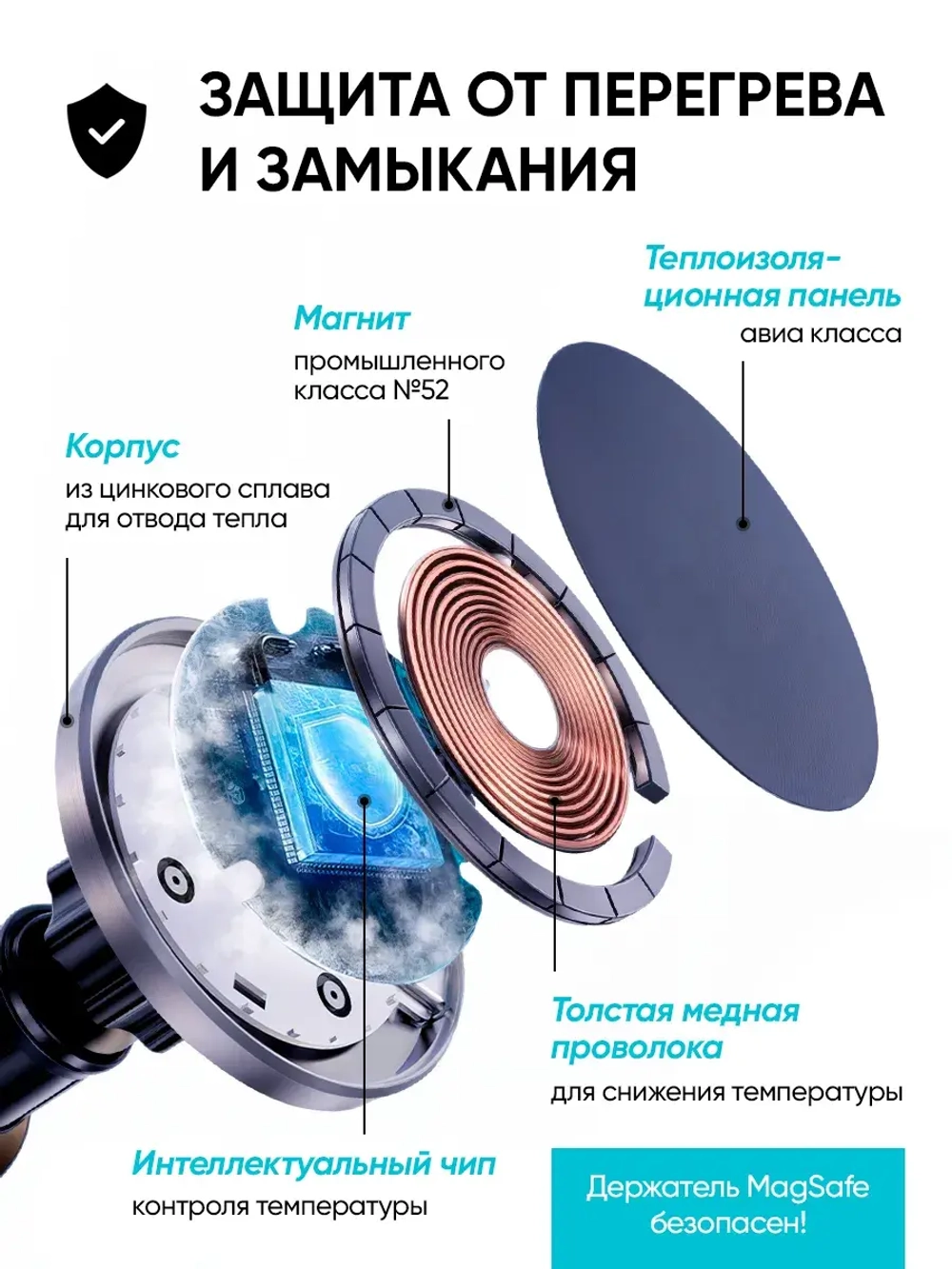 Держатель MagSafe с беспроводной зарядкой, c магнитным кольцом в комплекте