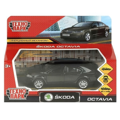 Модель ин. мет. "Skoda Octavia" 12см, двери, багаж, черный коробка OCTAVIA-12-BK (Технопарк)