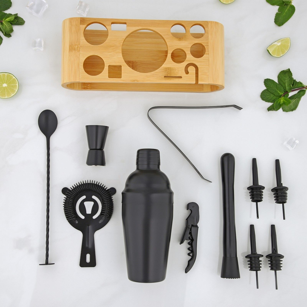 Набор бармена Black, 11 предметов на подставке, цвет чёрный
