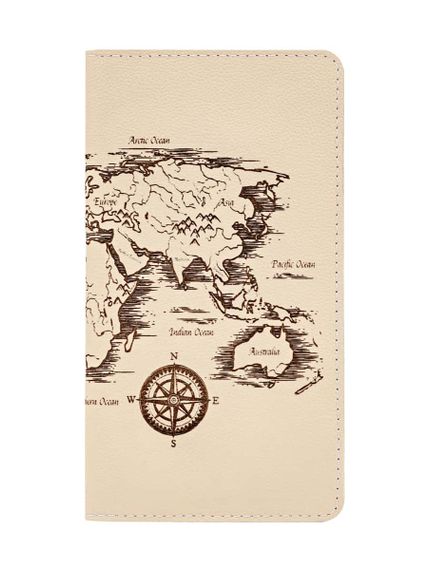 Фото функционального кошелька Карта мира из молочной кожи, вид фасад.