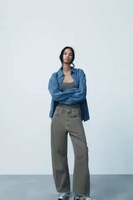 ZARA ДЖИНСЫ TRF BAGGY BALLOON СО СРЕДНЕЙ ПОСАДКОЙ, ТЕМНО-ОЛИВКОВЫЙ