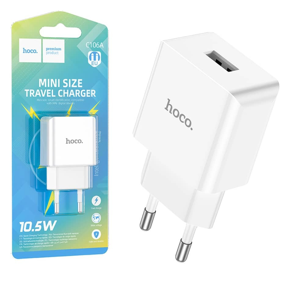 Сетевой адаптер питания HOCO C106A 1USB 2.1A  (белый)