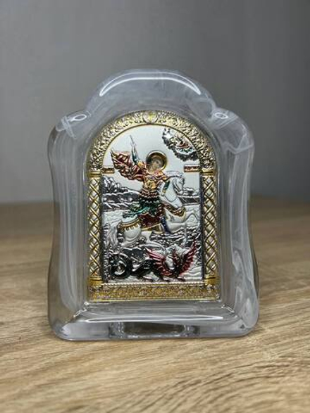 Георгий Победоносец, икона арочная, белое муранское стекло, эмаль 103х147