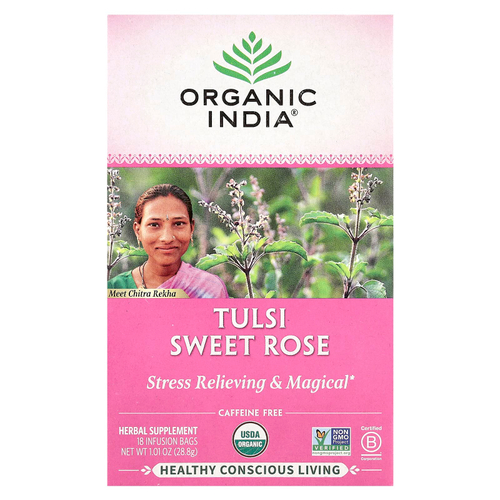 Organic India, чай с сладкой розой, тулси, без кофеина, 18 пакетиков для заваривания, 28,8 г (1,01 унции)