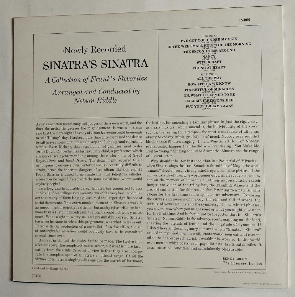 Винтажная виниловая пластинка LP Frank Sinatra Arranged And Conducted By Nelson Riddle (Japan 1985) (No Obi)