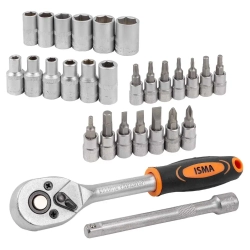 Набор головок и бит с трещоткой 28пр. 1/4''(4-13мм, Torx:T10,15,20,25,30, Hex:3-6мм,SL:4,5.5,7мм, PH1,2),в пластиковом держателе ISMA ISMA-2028-5