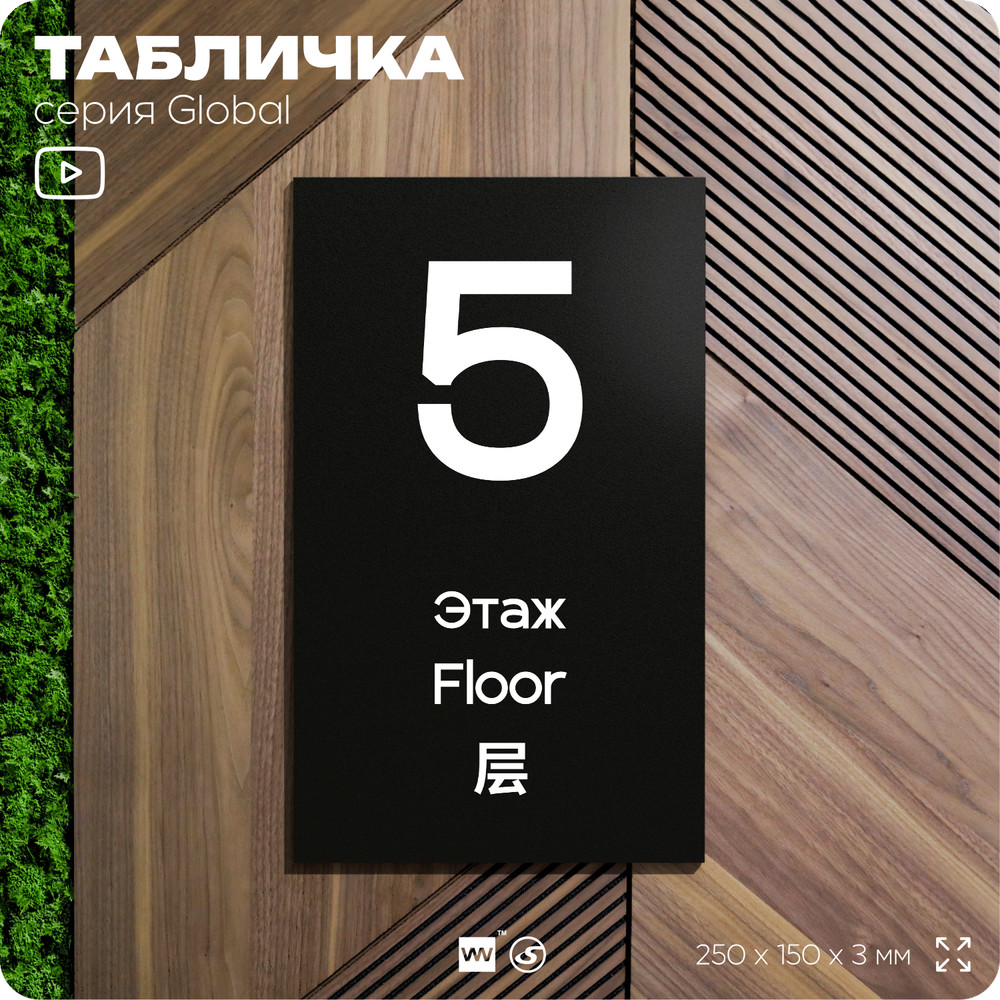 Табличка с номером Этаж 5, на дверь и стену, информационная и мультиязычная (русский, английский, китайский), серия GLOBAL, 25х15 см, Айдентика Технолоджи