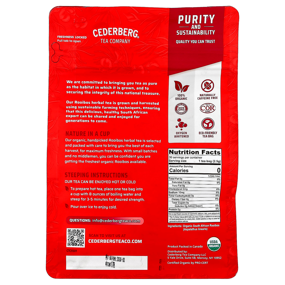 Cederberg Tea Co, органический южноафриканский травяной чай, красный ройбуш, без кофеина, 30 чайных пакетиков, 75 г (2,6 унции)
