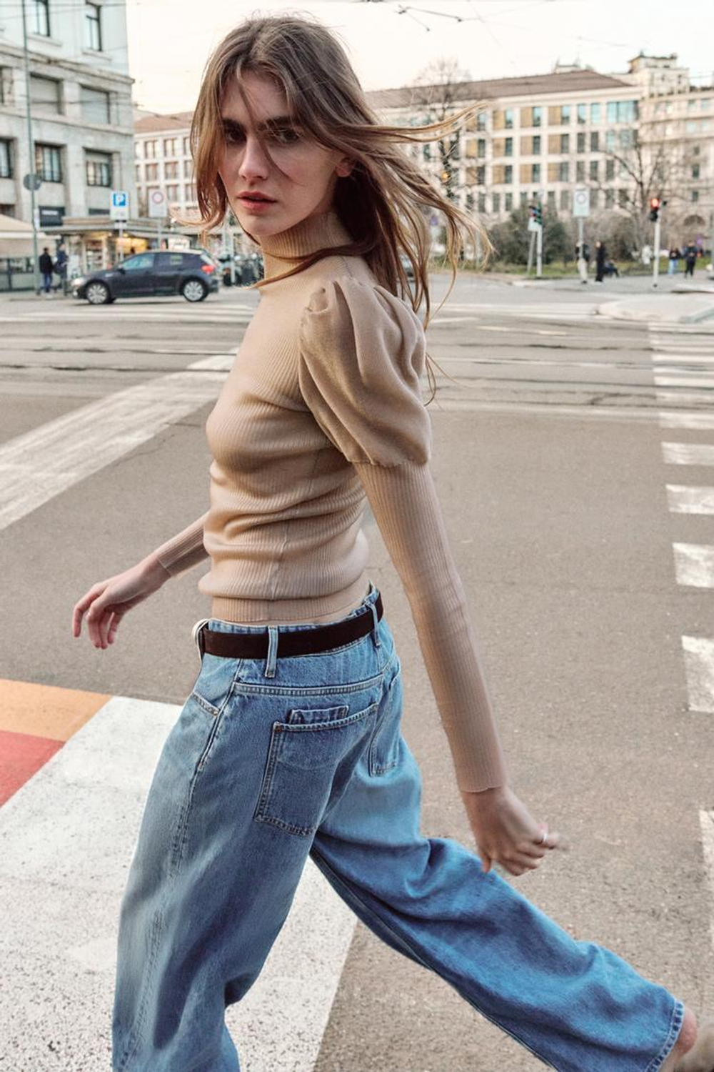 ZARA ПОЛУПРОЗРАЧНЫЙ ТОП С ОБЪЕМНЫМИ РУКАВАМИ, ПЫЛЬНЫЙ РОЗОВЫЙ