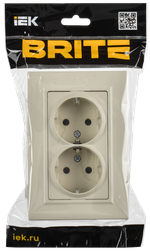 BRITE Розетка 2-местная с заземлением с защитными шторками плоская 16А в сборе РСшПл12-3-БрКр бежевый IEK