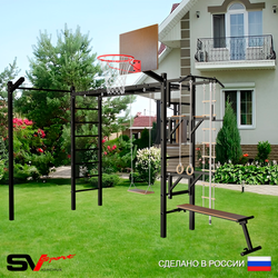 Уличная шведская стенка Sv Sport рукоход с комплектом турник прямой У5363К (Турник/Брусья/Стойка/Скамья/Деревянные/Щит баскет/Кронш бокс/Канат/кольца/лестница)