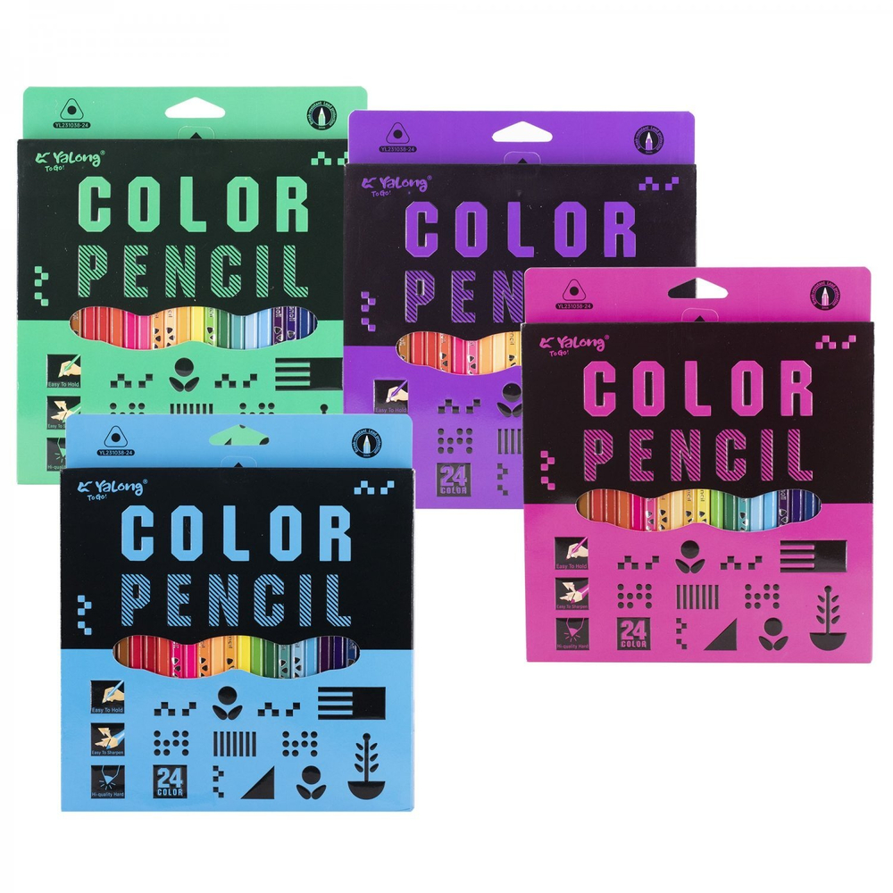 Карандаши цветные Yalong 24 цв., "Пиксели" деревянные, трехгранные, заточнные, грифель 3.0 мм, картон. уп., европодвес