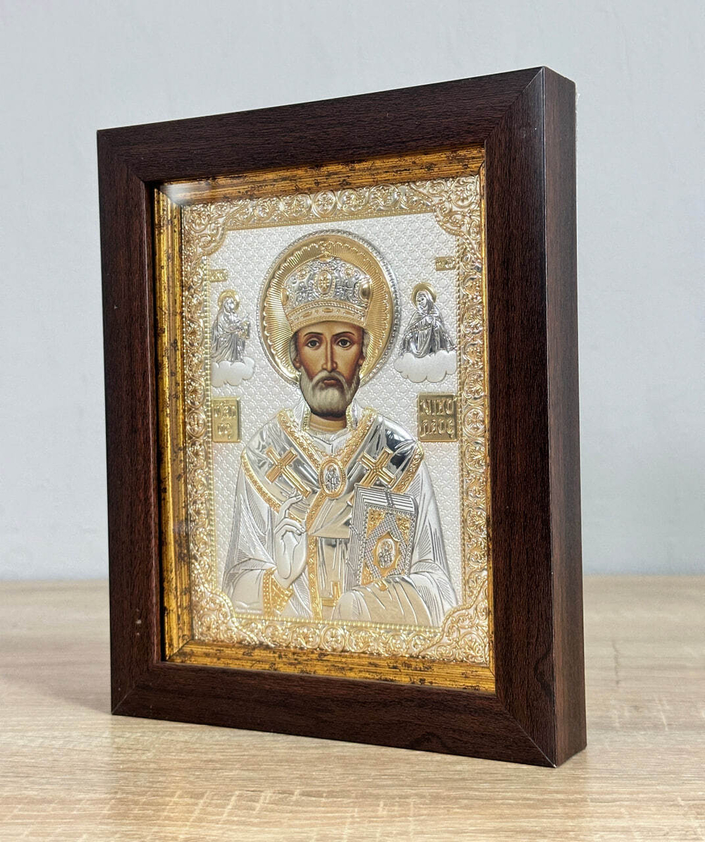 Николай Чудотворец, икона прямоугольная в рамке под стеклом, красное дерево 170х210