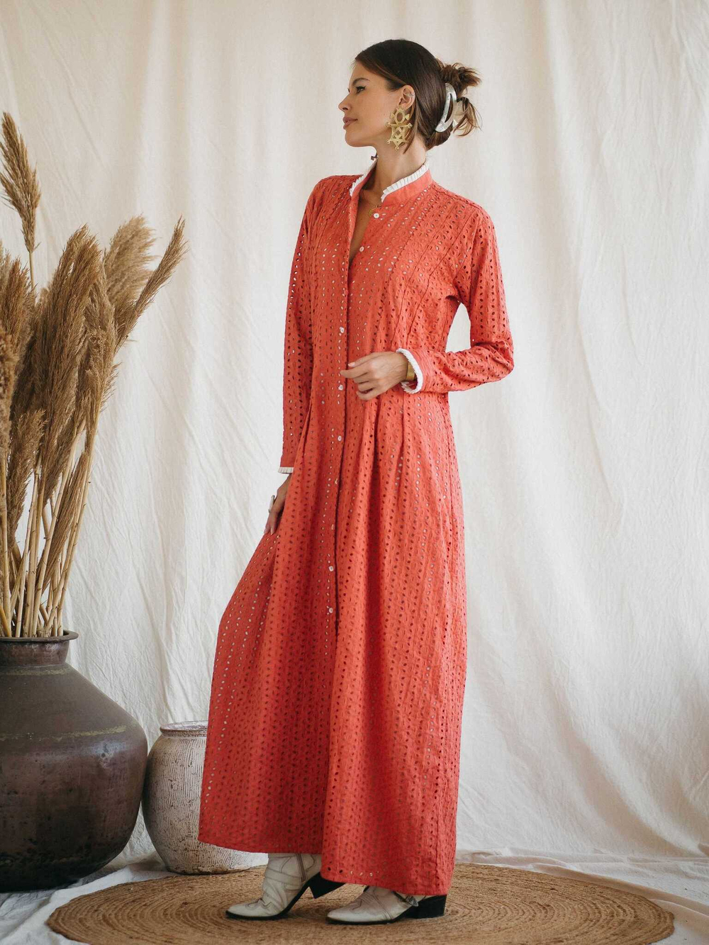 Платье макси из прошвы (коралл)