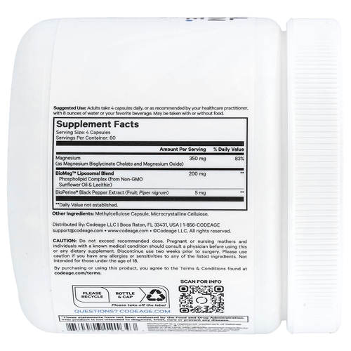 Codeage, липосомальный глицинат магния, 240 растительных капсул