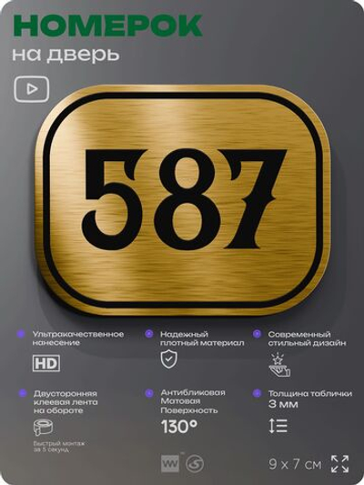 Номерок на дверь квартиры 587, для кабинета, офиса, шильдик 9 х 7 см, золотистый, Айдентика Технолоджи