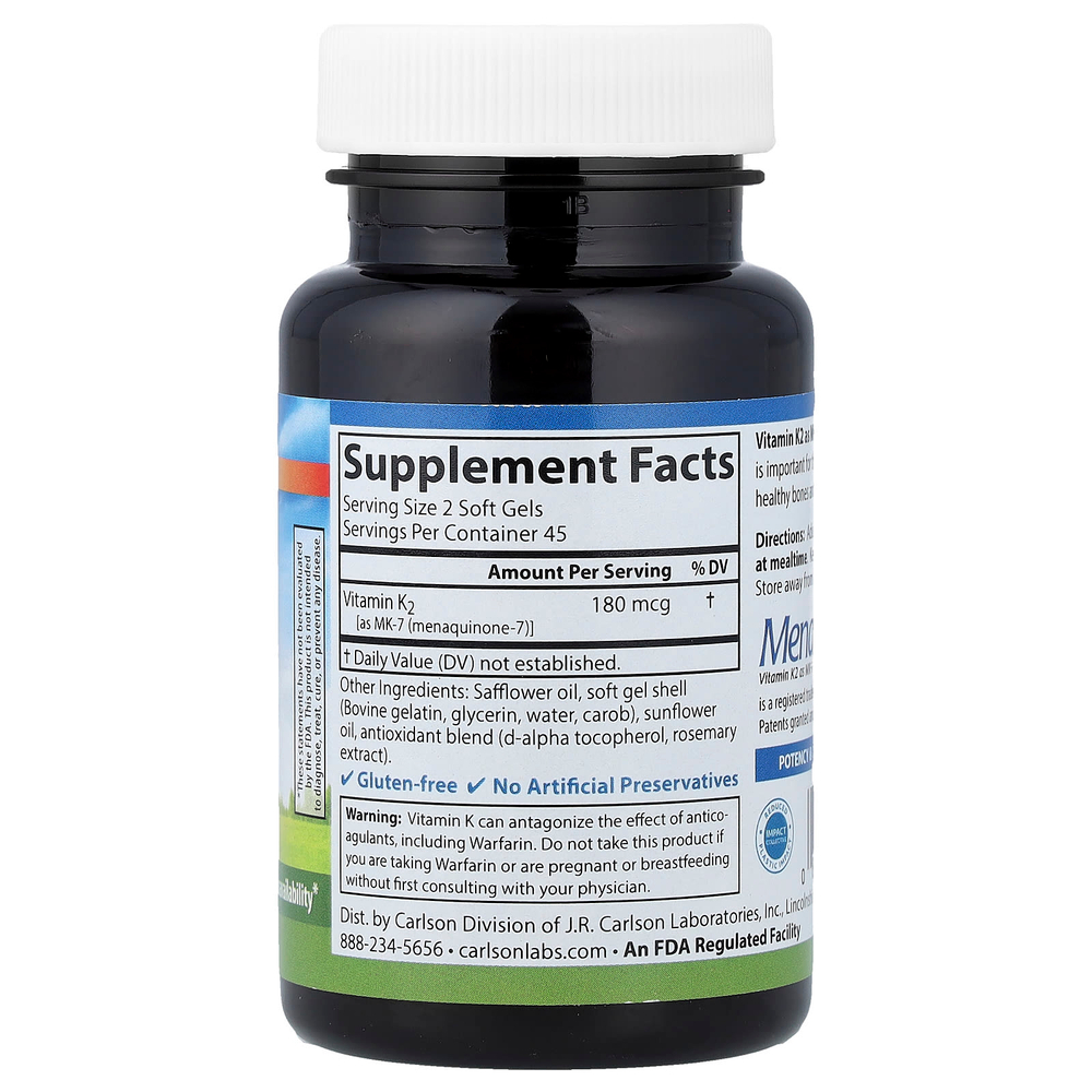 Carlson, витамин K2, 90 капсул (90 мкг в 1 капсуле)
