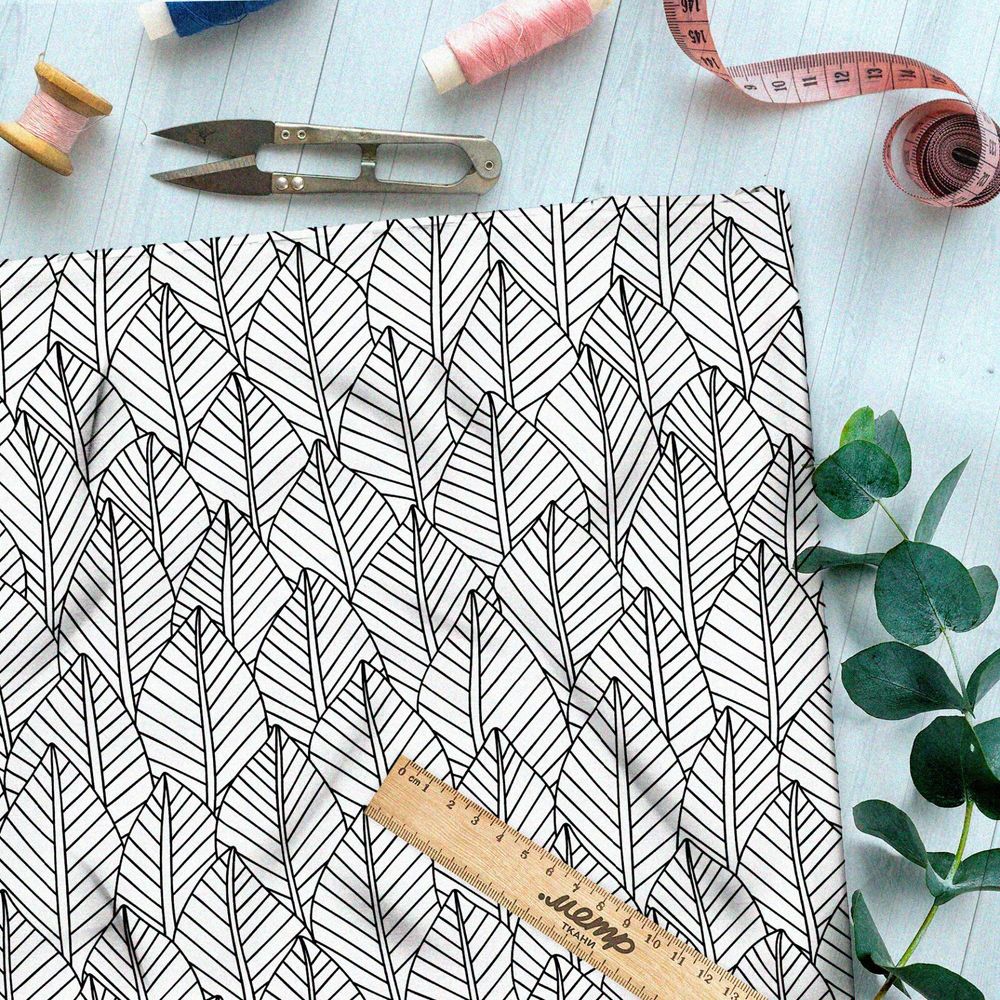 Ткань шифон плотный рисунок чёрно-белых листьев