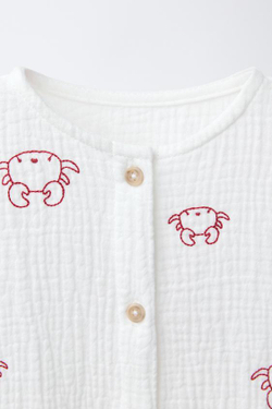 ZARA КОМБИНЕЗОН С ВЫШИВКОЙ КРАБОВ, ЭКРЮ/КРАСНЫЙ