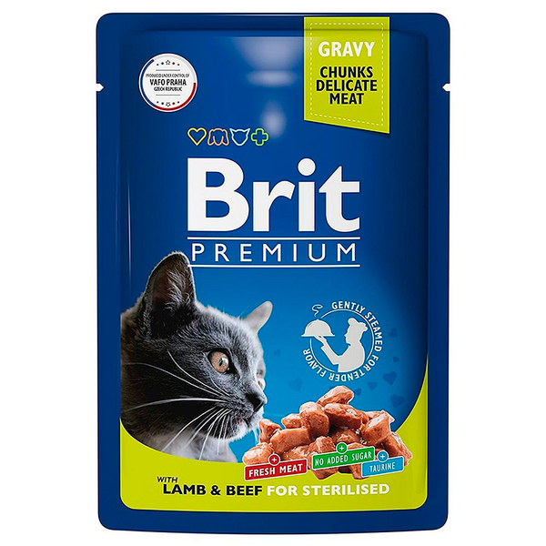 Влажный корм Brit Premium с ягненком и говядиной в соусе, для взрослых стерилизованных кошек, 85 г.