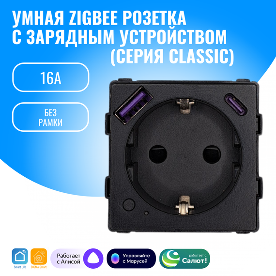 Умная ZigBee розетка встраиваемая с USB и Type-C Smart Aura модуль без рамки