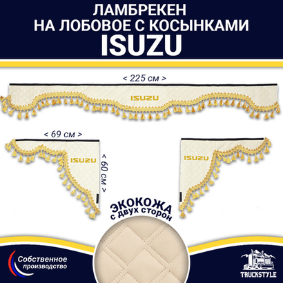 Ламбрекен с косынками двусторонние Isuzu (экокожа, бежевый, золотые кисточки)