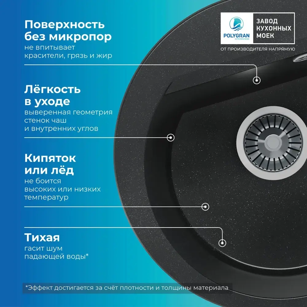 Мойка POLYGRAN ATOL-460 космос №316, cмеситель SKS5 черный