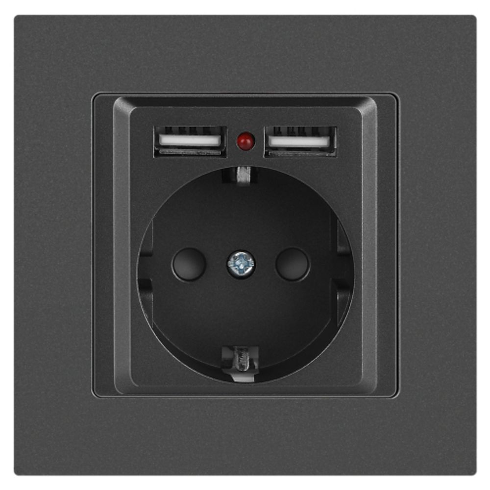 Розетка Intro Accent 6-410-07 с заземлением 2P+E Schuko со шторками 16А-250В + 2хUSB IP20 СУ графит | Intro