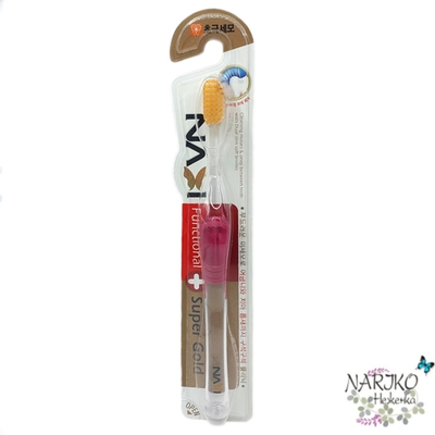 Зубная щётка EQ Navi со сверхтонкими щетинками двойной высоты и прозрачной прорезиненной ручкой, щетина с ионами золота, средней жёсткости.