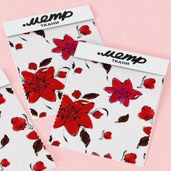 Ткань шифон красные цветочки и листочки