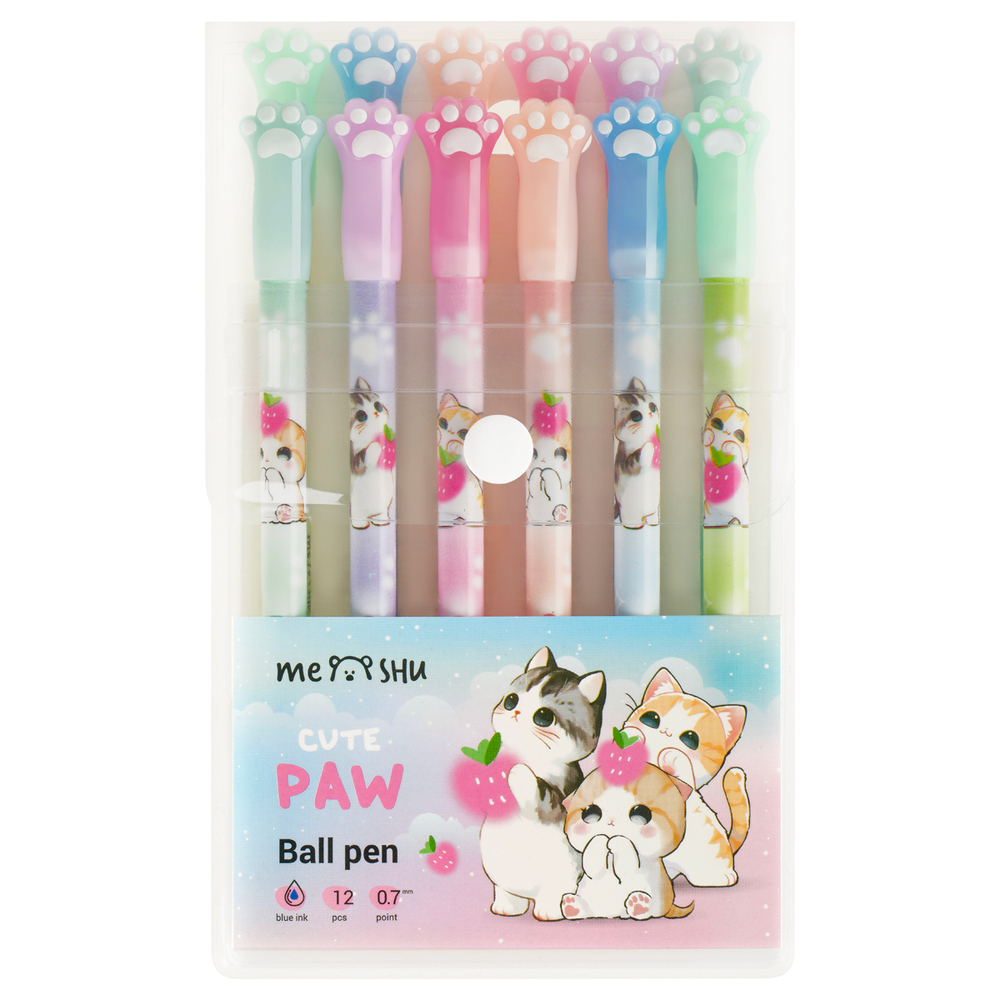 Набор шариковых ручек MESHU "Paw" 12шт., синие, 0,7мм, корпус ассорти, европодвес