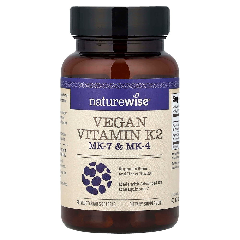 NatureWise, веганский витамин K2, MK-7 и MK-4, 90 вегетарианских капсул